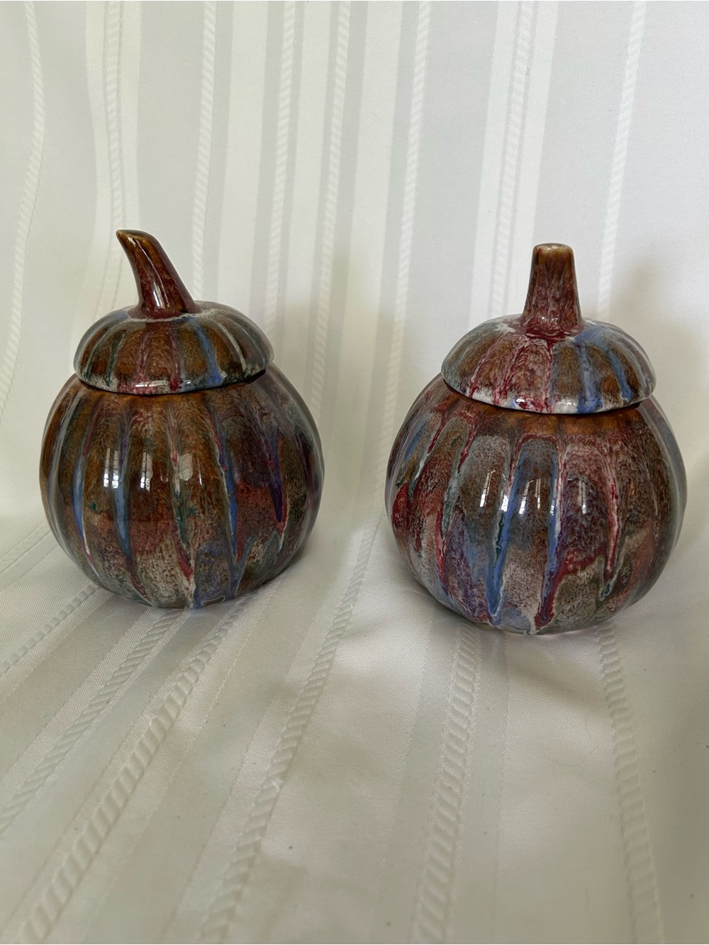 Vintage Hermitage Pottery Set of Two Pumpkin Jars Marble Glaze Fall Home Decor